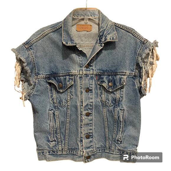 Levi's Retro Distressed Grunge Denim Screen Print 501 Button Front Vest Size M - Picture 2 of 16